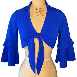 Royal Blue Tie Front Frill Sleeve Crop Top